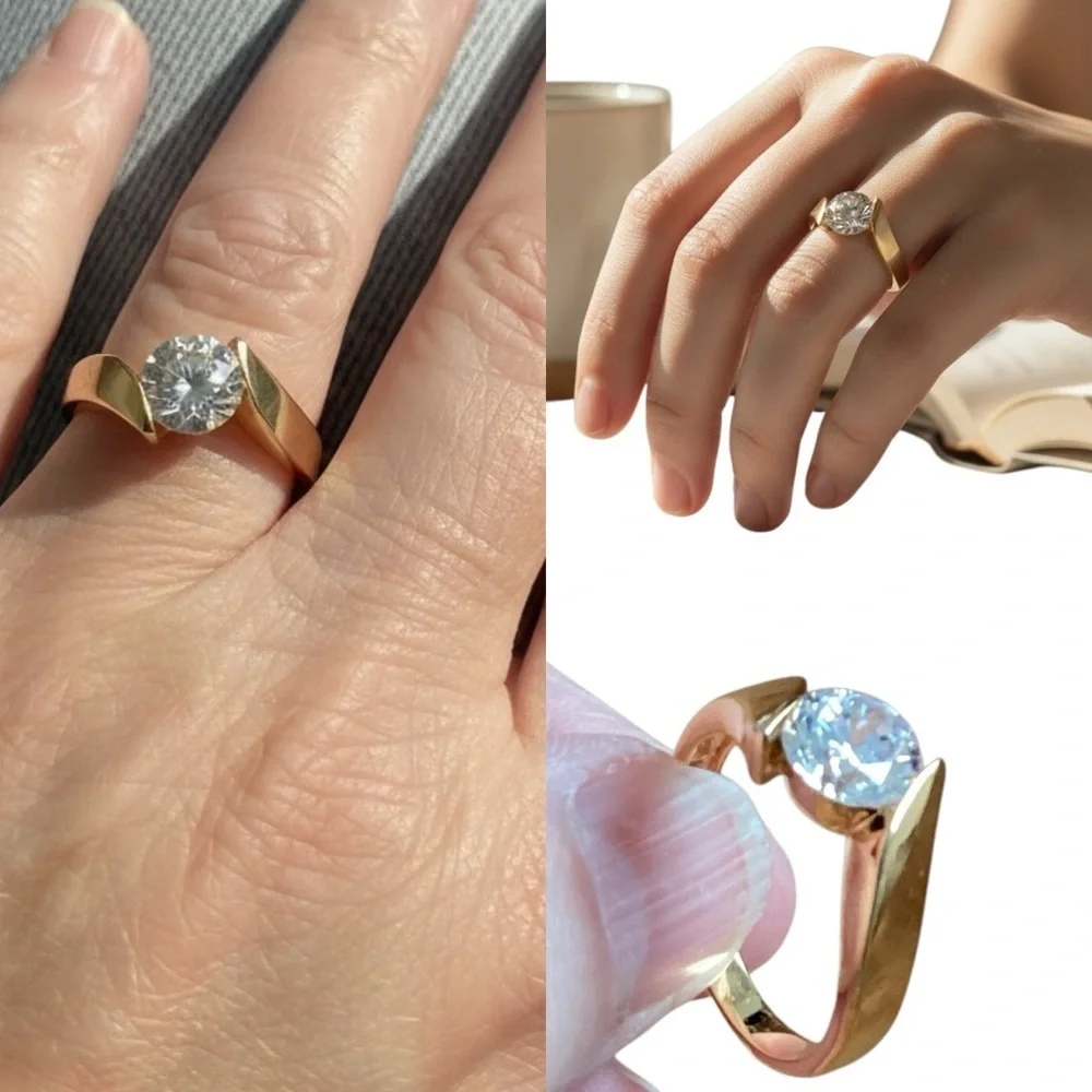Silver Gold Plated Round Crystal Faux Diamond Solitaire Women's Ring Size 8.75